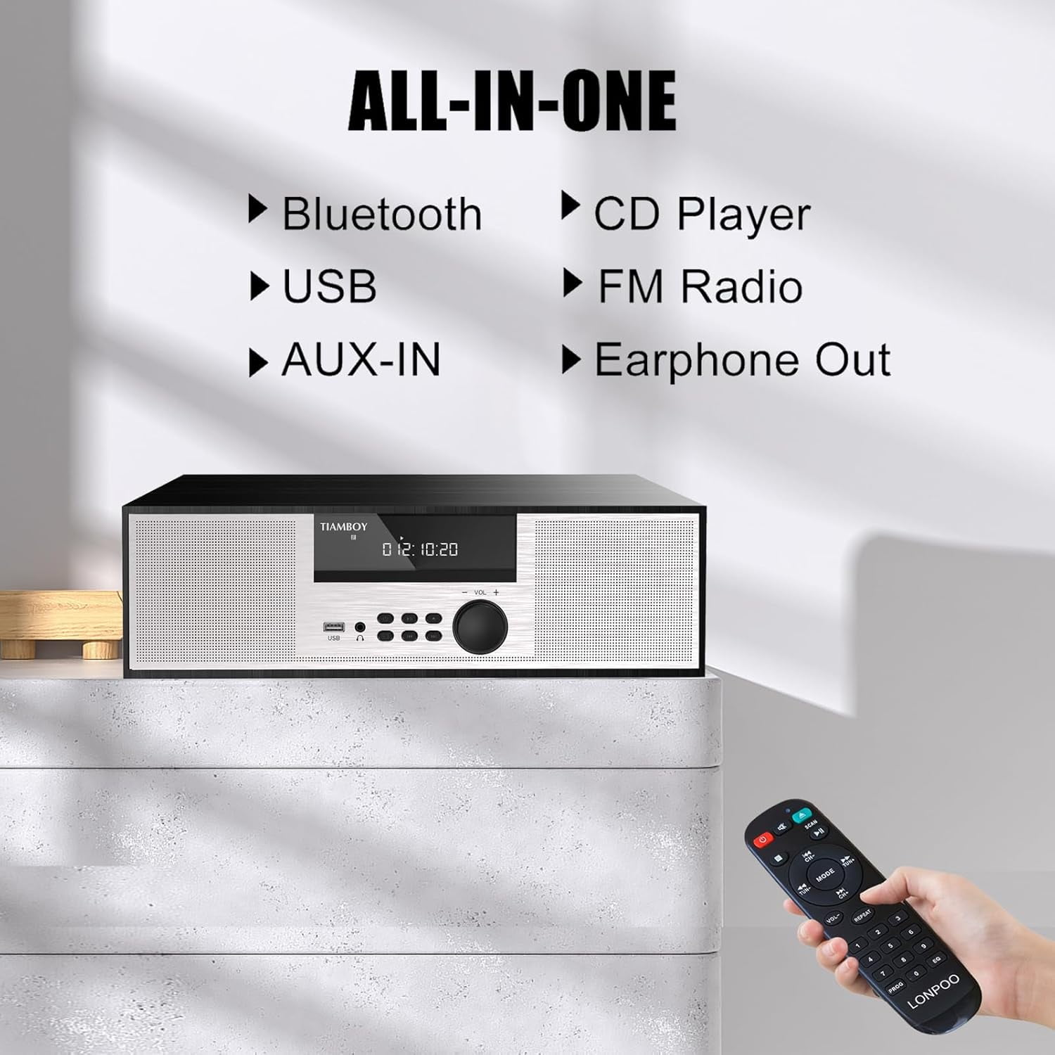 Vintage Style 40W RMS Micro Shelf Stereo System with CD Player, Bluetooth, USB Playback, FM Radio, AUX-Input, 2-Way Music Crisp-Sound, DSP-Tech