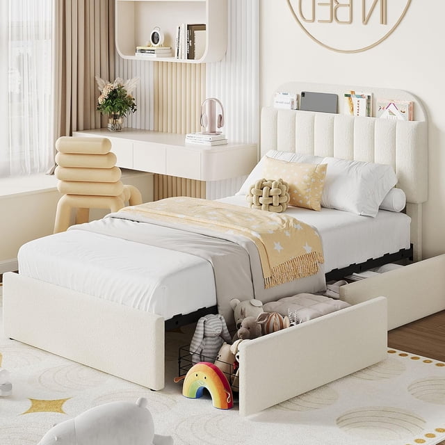Eastvita Charming Functional Twin Bed Frame with 2 Drawers Bookcase Headboard Boucle Upholstered Noise-Free No Box Spring Required Perfect for ' Rooms
