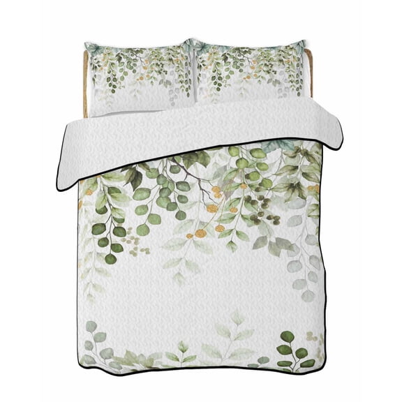 Quilts Twin-XL Size Bedding Set, Green Eucalyptus Leaves Lightweight Quilted Comforter, Summer Botanical Weeping Soft Reversible Bedspread Coverlet with Pillow Covers for All Season, 68" x 98"