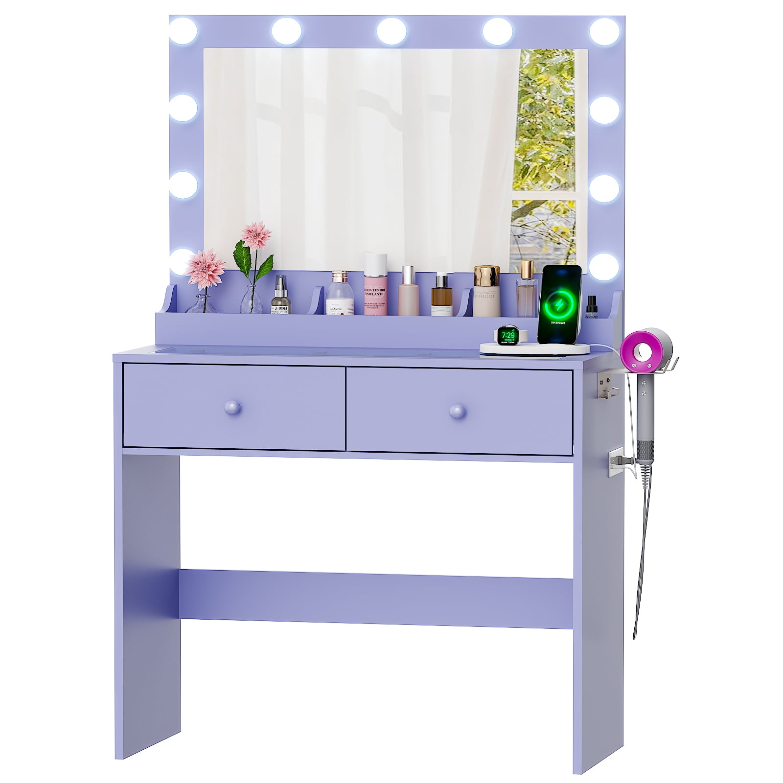 Ktaxon Get Ready with Me GRWM Makeup Vanity Desk with Lighted Mirror, Dressing Table W/Charging Station & Hair Dryer Rack,Sophia Purple