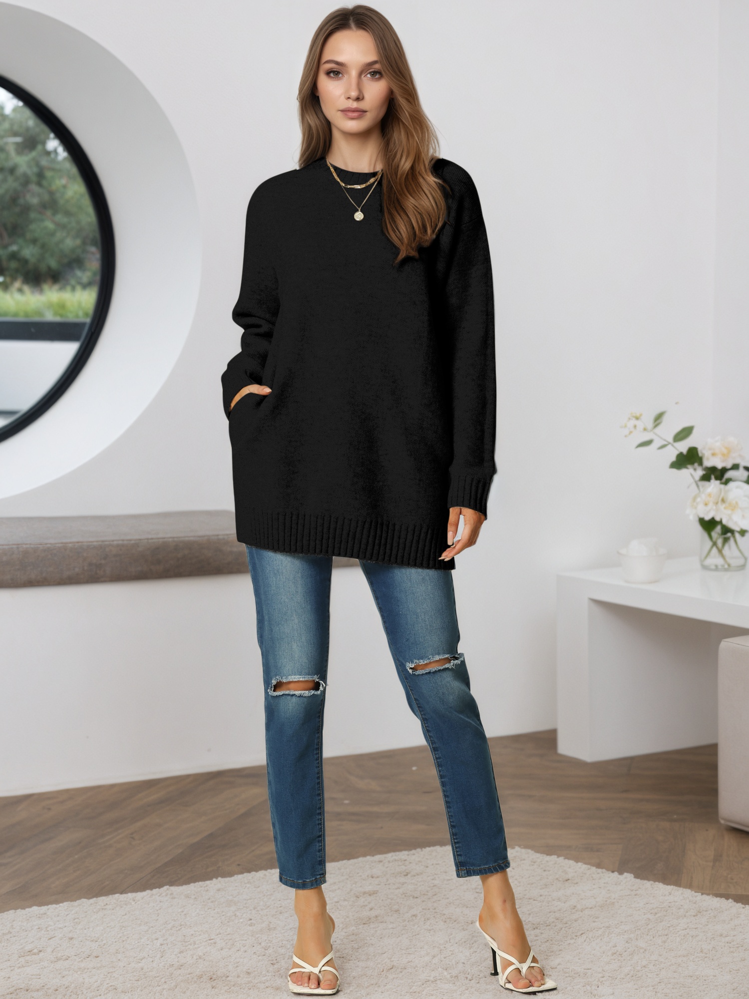DARING DIVA Round Neck Pullover Long Sleeve Casual Sweater XL Black