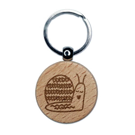 Sleepy Snail Round Keychain Charm Tag - Engraved Wood