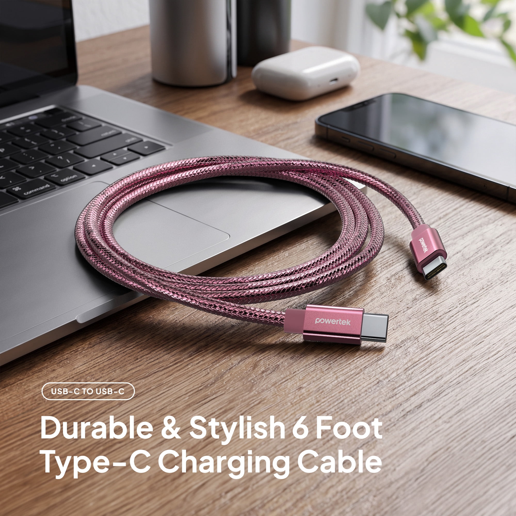 Powertek Luxe 6ft USB-C to USB-C Cable, Pink, Fast Charge & Sync, Metallic Mesh PVC Jacket, Durable Tangle-Free Design
