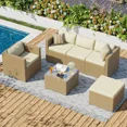 thumbnail image 3 of POTEBAN 6-Piece Outdoor Conversation Set,All-Weather Rattan Wicker Outdoor Patio Furniture Set with Ottoman, Single Chair, Cushions & Glass Table for Garden & Backyard,,Cream White, 3 of 7