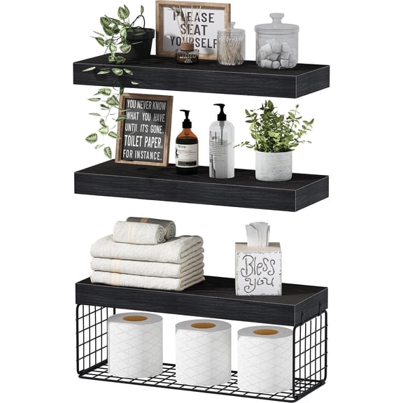 Bathroom Shelves Over Toilet - Wall Mounted Floating Shelves Toilet Paper Storage Small Farmhouse Decor Shelf 16 inch Set of 3, Black