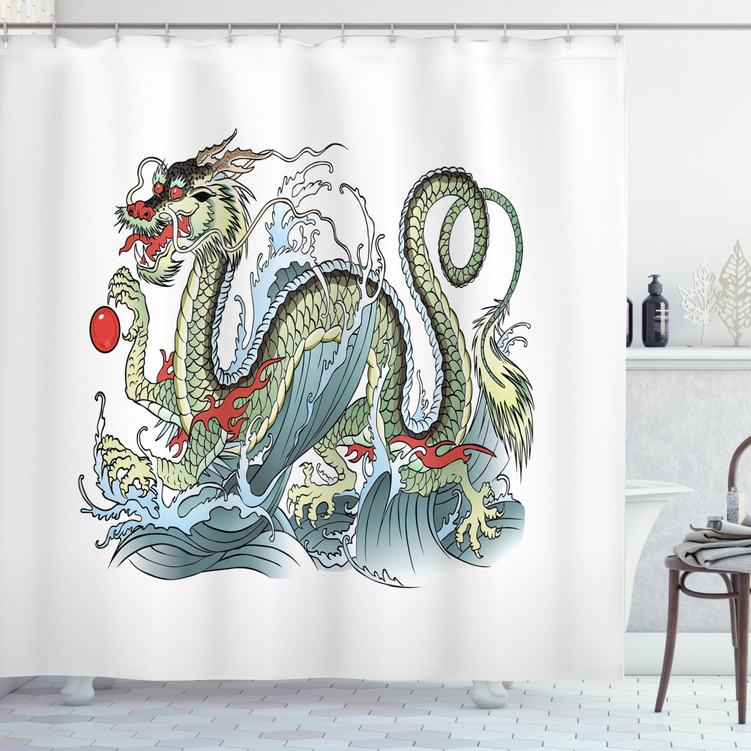 Blue and Red Fire Dragons Shower Curtain Liner Waterproof Fabric Bathroom Hooks 