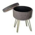 thumbnail image 2 of ITY International - Pouf en Velours / Repose-Pieds avec Rangement et Plateau, Base en Métal, Gris, 2 of 7