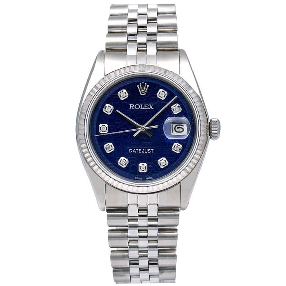 Pre-Owned Rolex Datejust 36MM 1601 Blue Diamond Dial Fluted Bezel Stainless Steel Jubilee Bracelet