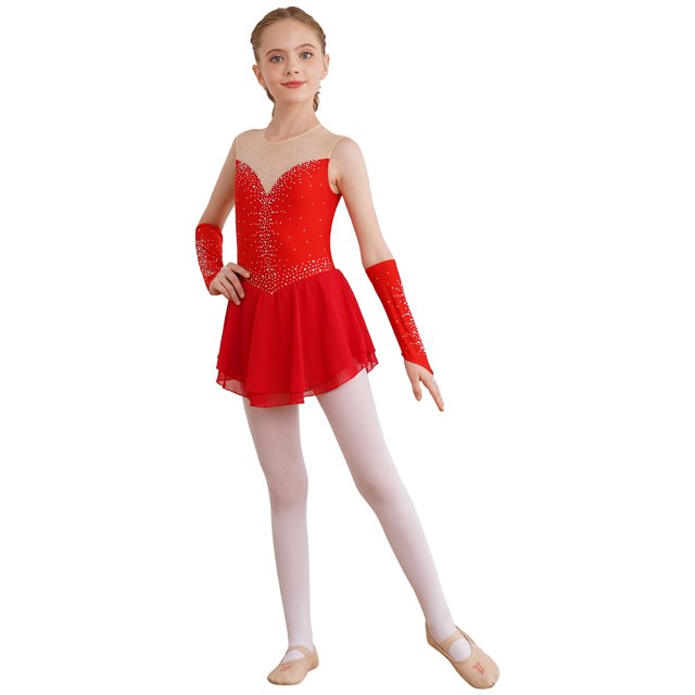 Oyolan Kids Girls Figure Skating Dress with Gloves Shiny Rhinestone Performance Ballet Dance Tutu Dress Leotard Red 16