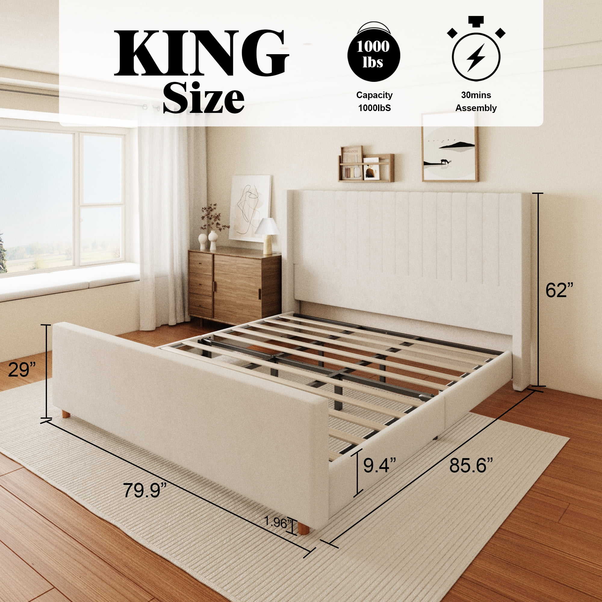 King Size Bed Frame, Upholstered Platform Bed with 62" Tall Headboard & Footboard, Soft Velvet Fabricbed Bed, Easy Assembly, Beige