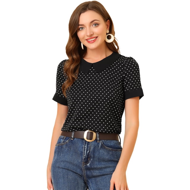 Top de lunares vintage Allegra K cuello Peter Pan Negro M