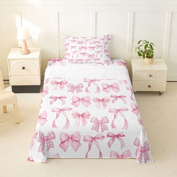 spefrowx Watercolor Pink Bow Twin Sheets for Girls, Gingham Polka Dot Ribbon Bedding, 3 Pieces, 1 Flat Sheet, 1 Fitted Sheet and 1 Pillowcase