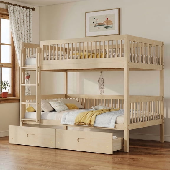 Twin-Over-Twin Wood Bunk Bed Convertible into 2 Platform Beds, Kids Storage Bed Frame with 2 Drawers, Ladder & Safety Guardrails