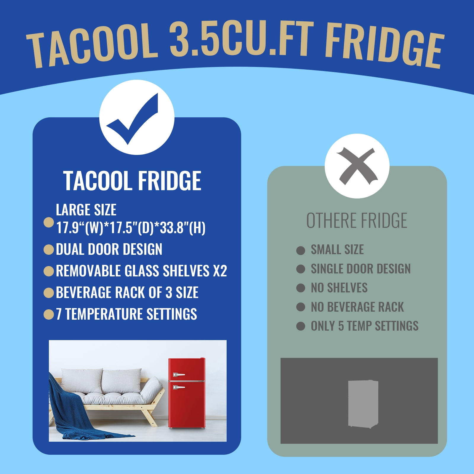 Tacool 3.5 Cu.ft Retro Mini Fridge with Freezer, 2 Door Small Refrigerator with 7 Adjustable Thermostat for Home, Red