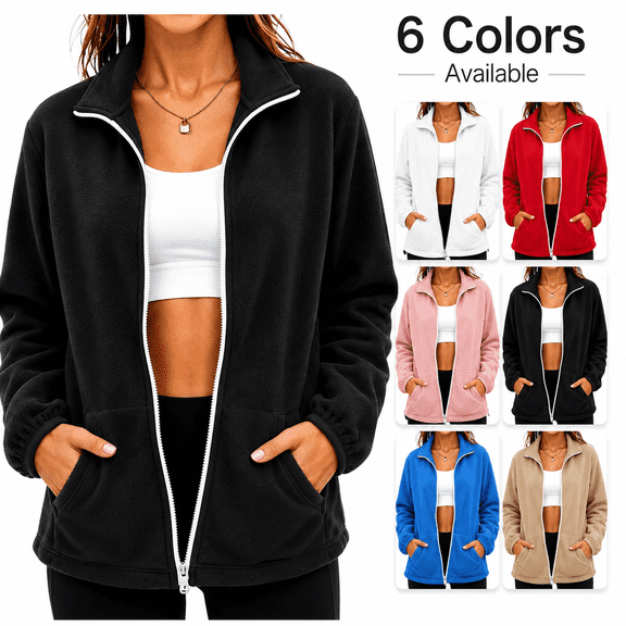 Fleece Zip up Jackets Women Soft Lightweight Front Zipper Sweatshirt with Pockets Fall Casual Long Sleeve Stand Collar Sweatshirt No Hood, S