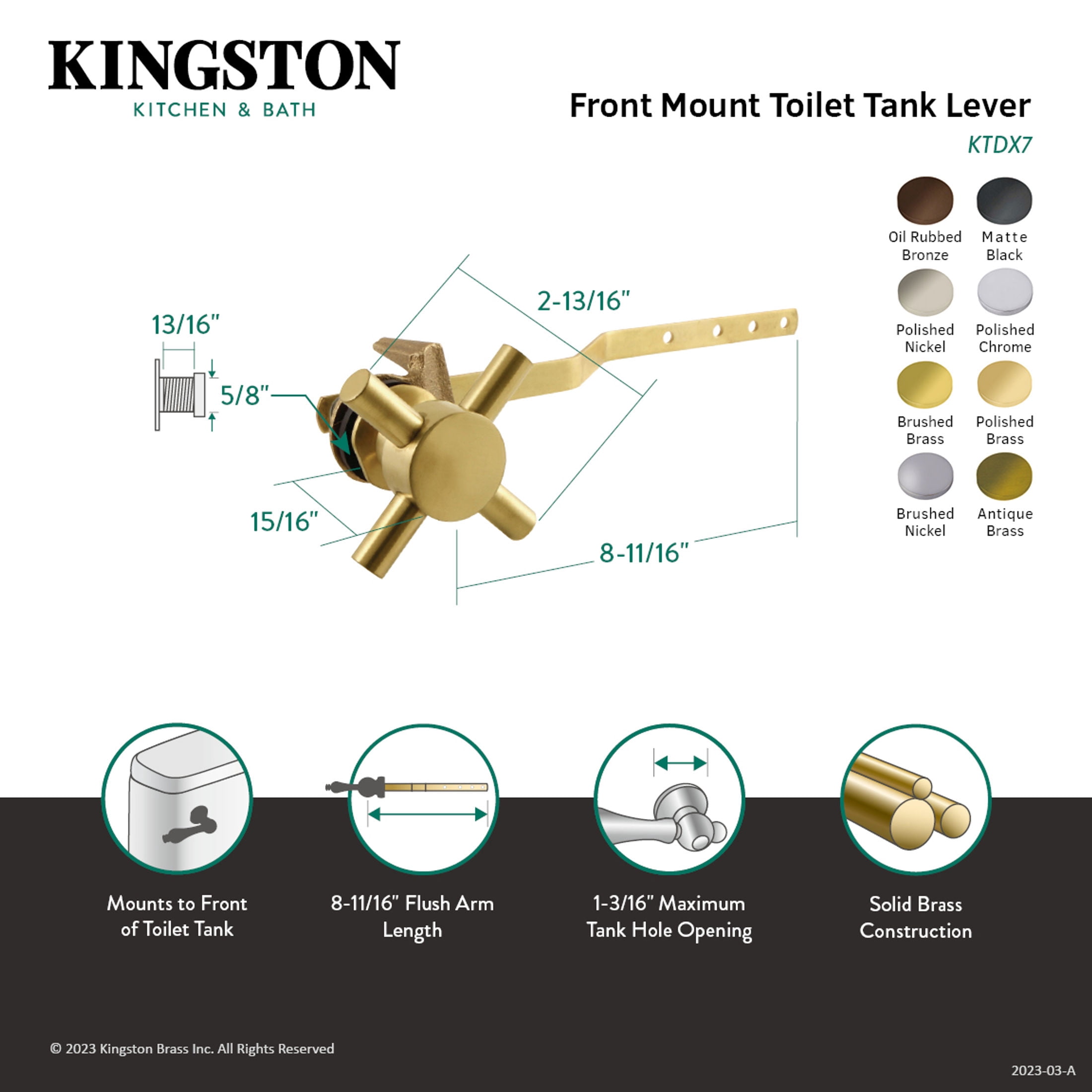 Kingston Brass KTDX7 Concord Front Mount Toilet Tank Lever, Left/Right Installation in Brushed Brass