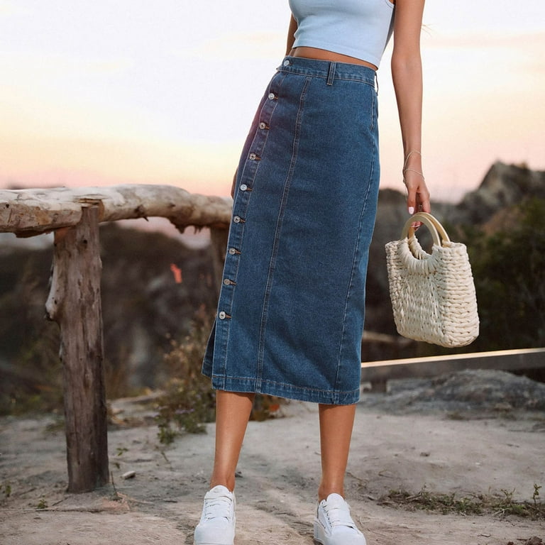 Summer High Waist Midi Denim Skirt for Women with Button Summer High Waist Midi Denim Skirt for Women with Button