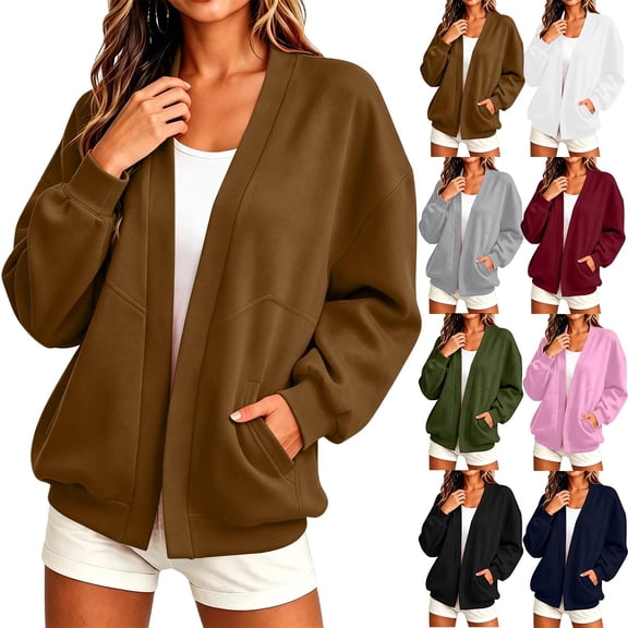 Sahpxhe Women Sweatshirt Cardigans Open Front Loose Long Sleeve Jacket with Pockets Casual Athletic Streetwear Outwear Khaki S