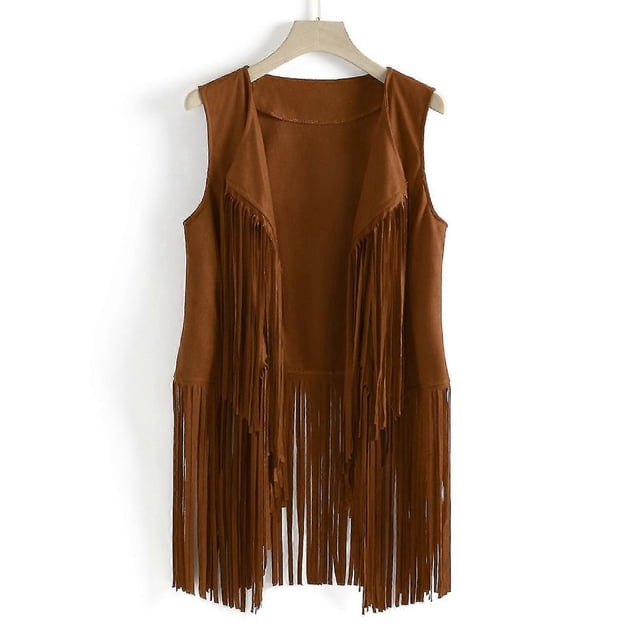 Cárdigan de mujer, otoño invierno, de ante, étnico, sin mangas, con borlas y flecos