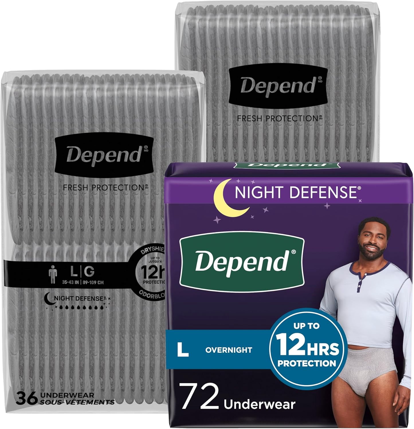 Depend Night Defense Adult Incontinence Underwear for Men, Disposable, Overnight, Large, Grey, 72 Count, Packaging May Vary