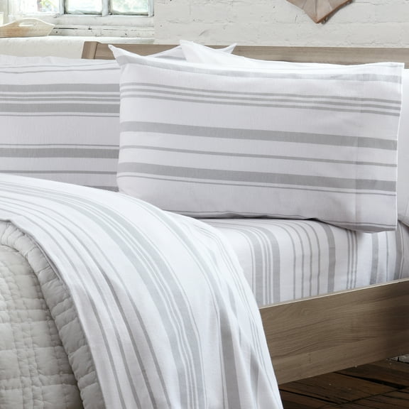 Great Bay Home Turkish Cotton Solid Flannel Sheet Set  (Twin, Soft Grey - Stripe)