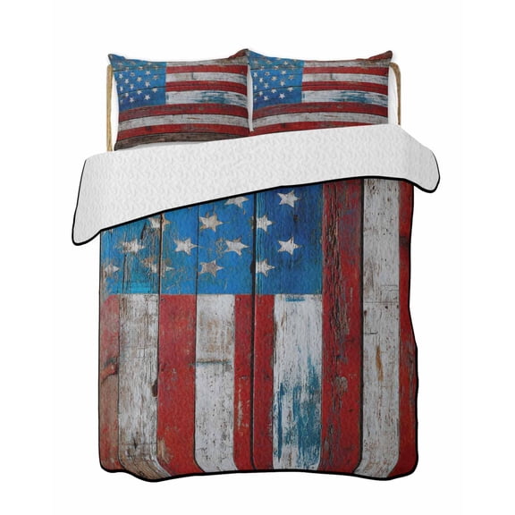 Quilt King Size Bedding Set, Vintage American Flag Reversible Summer Quilt 3 Pieces, Farmhouse Wooden Stripes Lightweight Bedspreads Coverlets with 2 Pillow Shams for All Seasons
