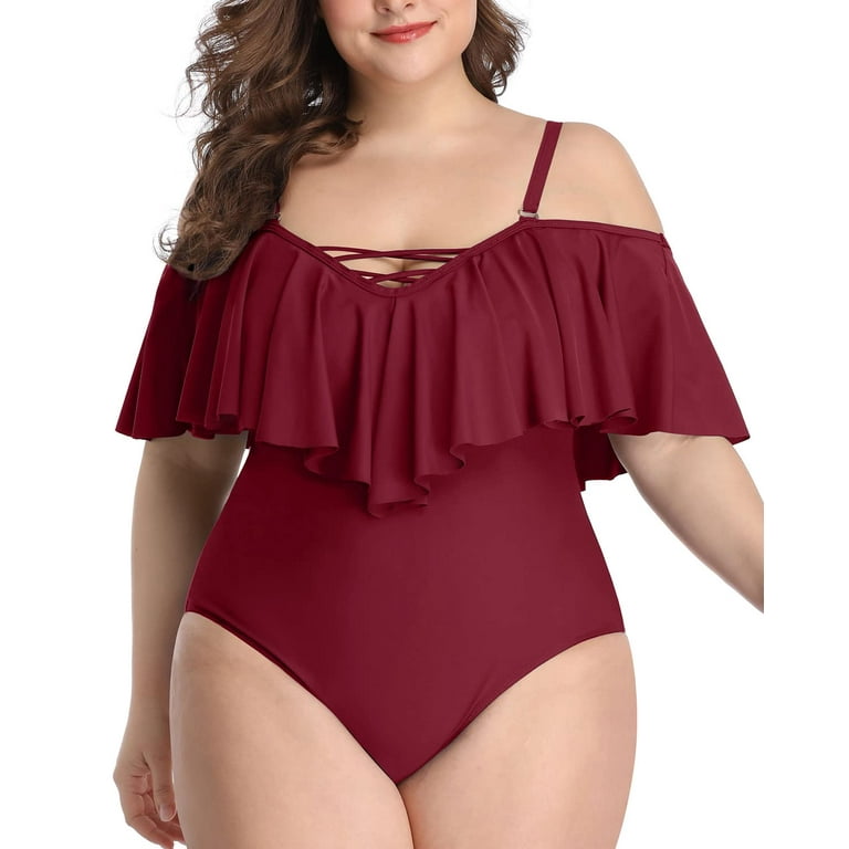 Women Plus Size One Piece Swimsuits Flounce Off Shoulder Tummy Control  Bathing Suits Swimwear 
