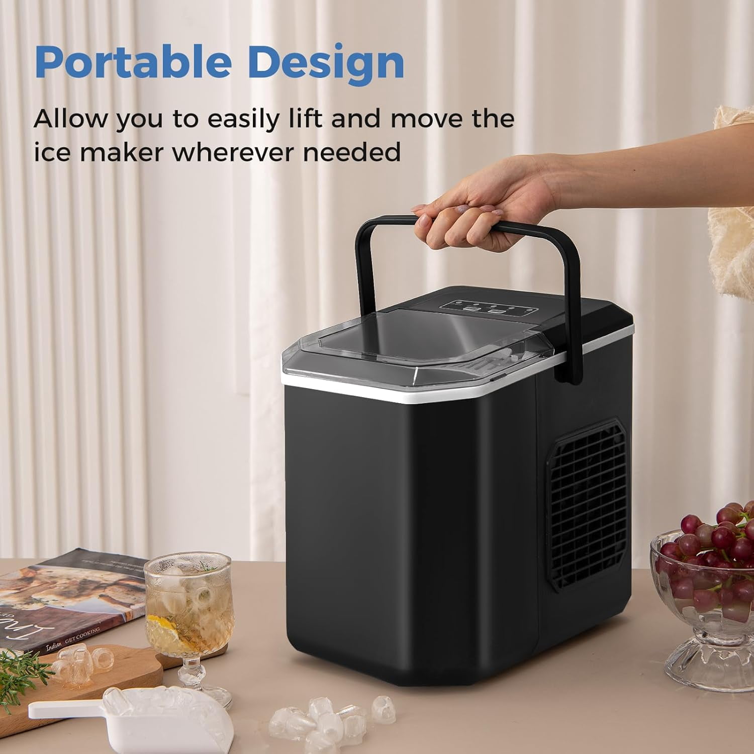 XYGOO Countertop Ice Maker with Self-Cleaning, 9 Ice Cubes Ready in 6-13 Mins, 26.5Lbs/24H, 2 Sizes of Bullet Ice, Portable Ice Machine with Handle, Ice Scoop and Basket for Home Office (Black)