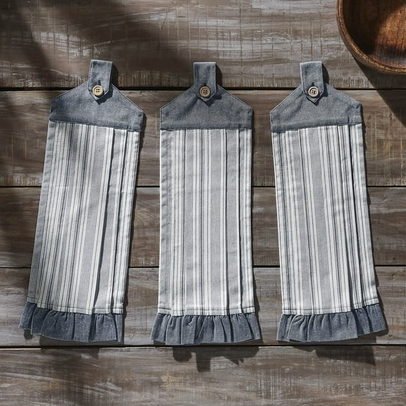 VHC Brands Cotton Sawyer Mill Blue Ticking Stripe Button Loop Kitchen Towel Set of 3, Hanging Kitchen Towel, Pleated, Bath, Kitchen, Sawyer Mill Blue Collection Denim Blue