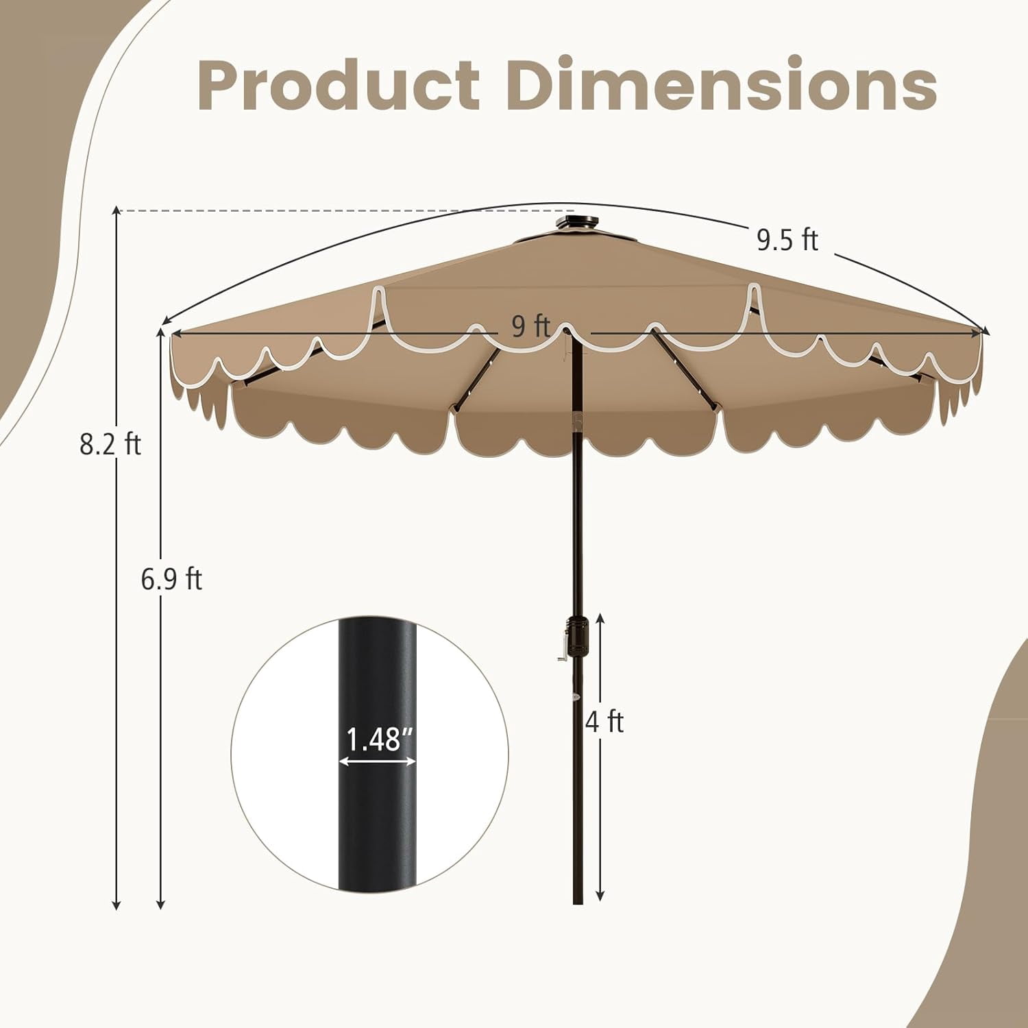 ZYPPP  9 FT Solar Patio Umbrella, 2-Tiers Scalloped Outdoor Table Market Umbrella with 32 LED Lights, Vented Top, Tilt Adjustment, Crank, 8 Ribs for Backyard Poolside Deck Beach Lawn (Coffee)