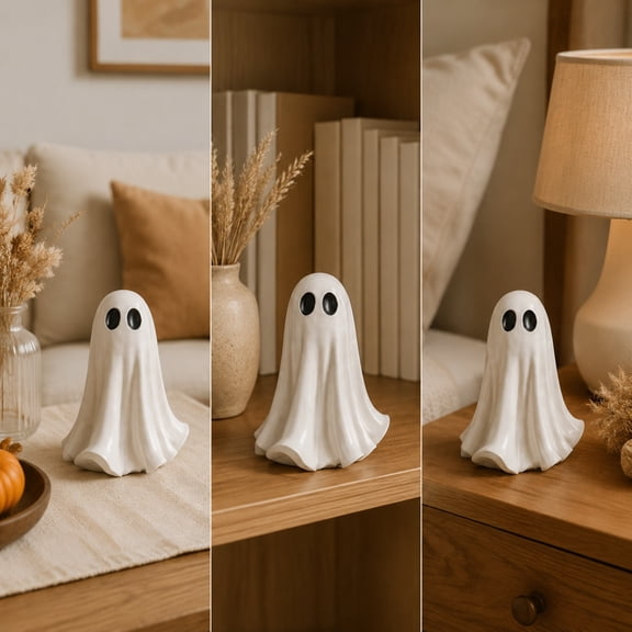 Halloween Cute Ceramic Ghost Figurine Ornament, Mini Spooky Desktop Decoration Prop, Decorative Small Statue for Home Showcase/Shelf/Mantel/Desk/Living Room/Cabinet/Halloween Party Decoration, White