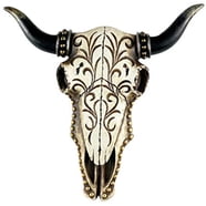Cow Skull Wall Decor - Black & Gold Tribal Floral Steer Head Sculpture, 12.5" Wide Bohemian Wall Art