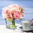 thumbnail image 2 of Enova Home Artificial Silk Hydrangea and Rose Fake Flowers Arrangement in Cube Glass Vase with Faux Water for Home Office Wedding Party Decoration (Pink), 2 of 3