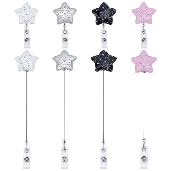 4Pcs Sparkling Pentagram Badge Reel 4 Colors Plastic Beadable Badge Reels Retractable Star Badges Holder ID Name Reel Clip