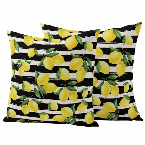 Yellow Lemons Outdoor Waterproof Pillow Covers, Summer Citrus Fruits Leaves Black Stripes Decorative Square Throw Pillowcase Sofa Cushion Sham for Patio/Couch/Chair, 26"x26" 2 Pack