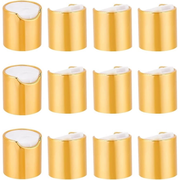 12 tapas de plástico aluminizadas de repuesto, tapas de disco de prensa doradas, cierre para botellas de loción dispensadora.