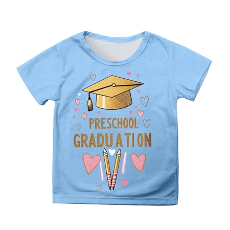 Phcqqok Fourth of July Shirt Girls Graduation T-Shirt Cute Cartoon Print Short Sleeve Top for Toddler Kids Preschool School Casual Comfortable Daily Wear 12-13 Years