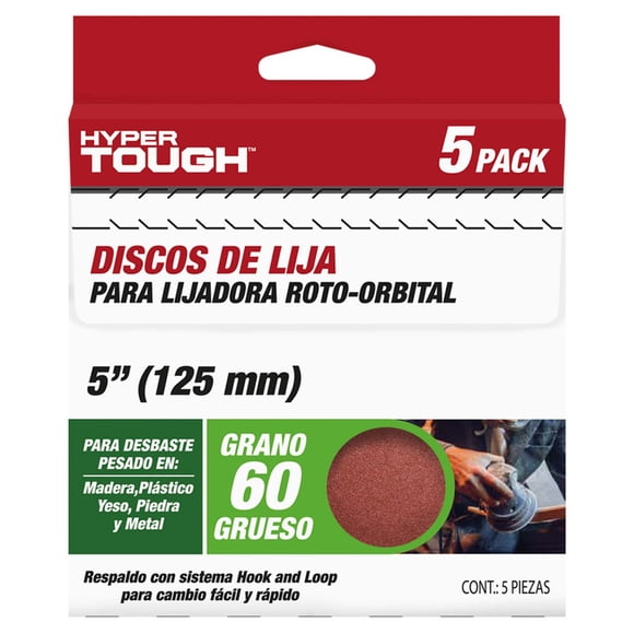 Lija de 5" 125mm De Diámetro Con Belcro Redonda 8 Hoyos Lija Grano 60 Roja Blíster 5pzs