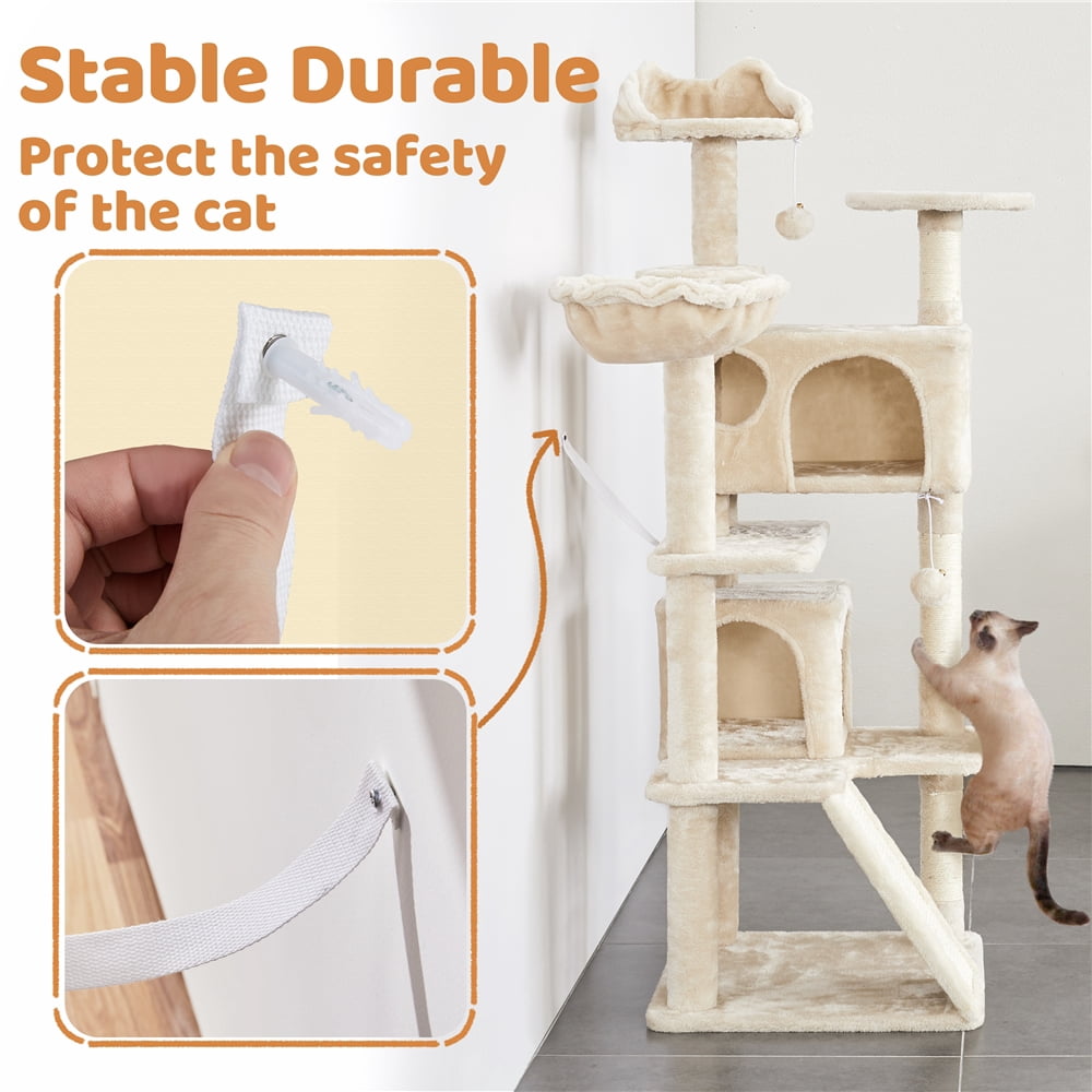 Yaheetech 57.5''H Cat Tree Tower Cat Tree with 2 Condos, Scratching Posts, Ramp,Beige