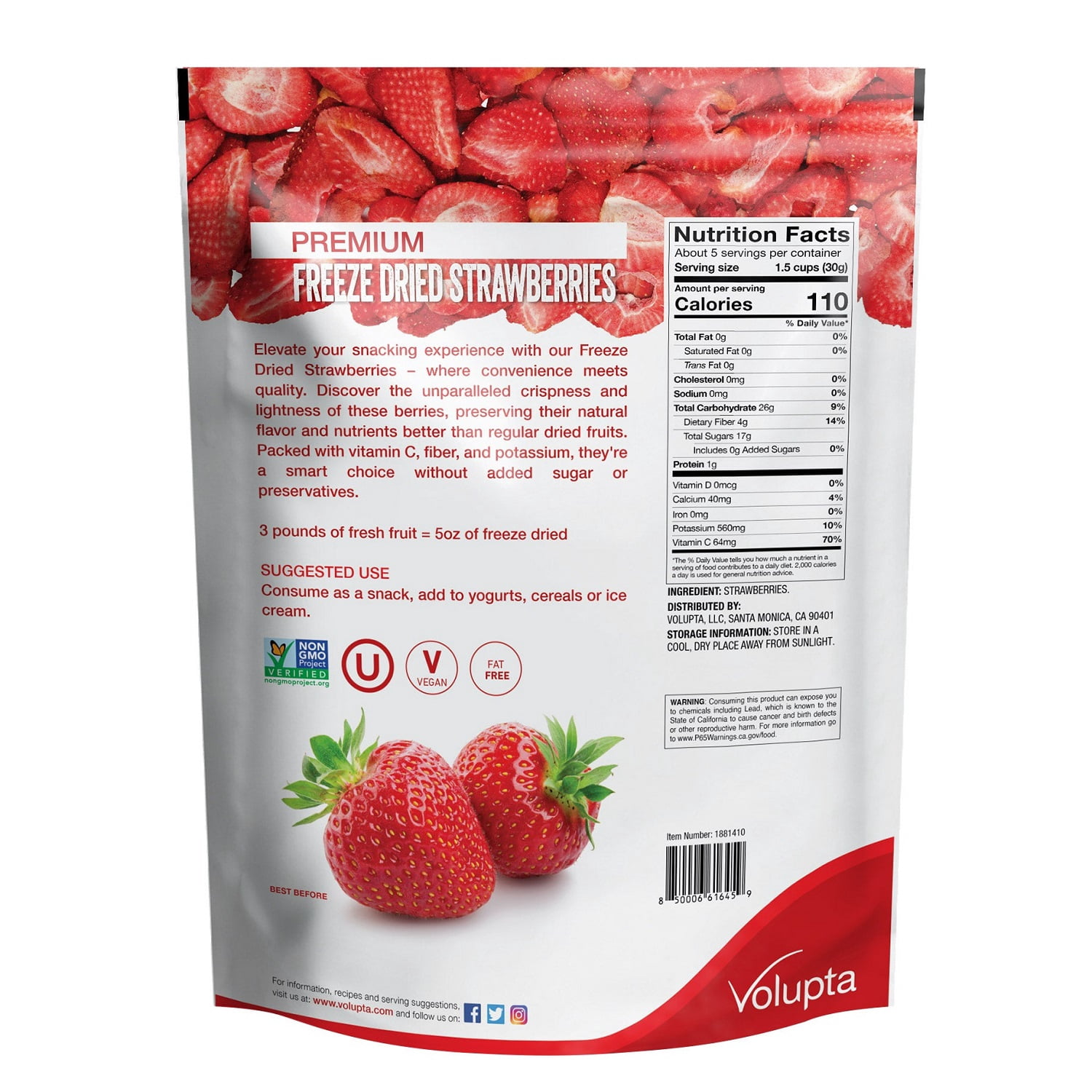 Volupta Premium Freeze Dried Strawberries, 5 Ounce
