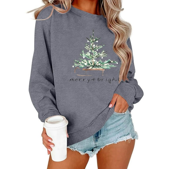 GUZOM Womens Gray Christmas Sweatshirt - 100% Polyester Loose Fit Crew Neck with Festive Christmas Tree Graphic, Casual Holiday Top (XS-XL),Size S