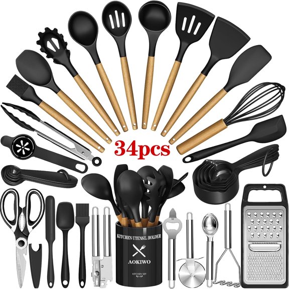 Kitchen Utensil Set, AOKIWO 34Pieces Silicone Cooking Utensil Set with Wooden Handle, Heat Resistant Spatula Set Gadgets Tools Cookware, Black