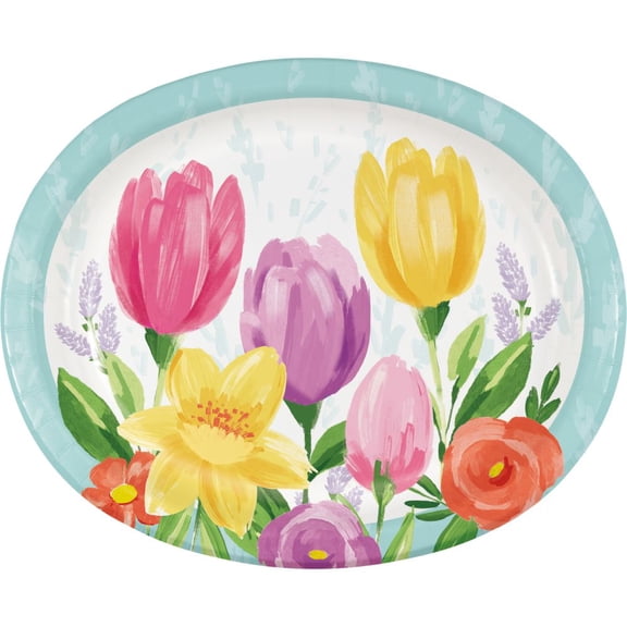 Tulip Blooms 12-inch Oval Paper Plates 8 Per Pack