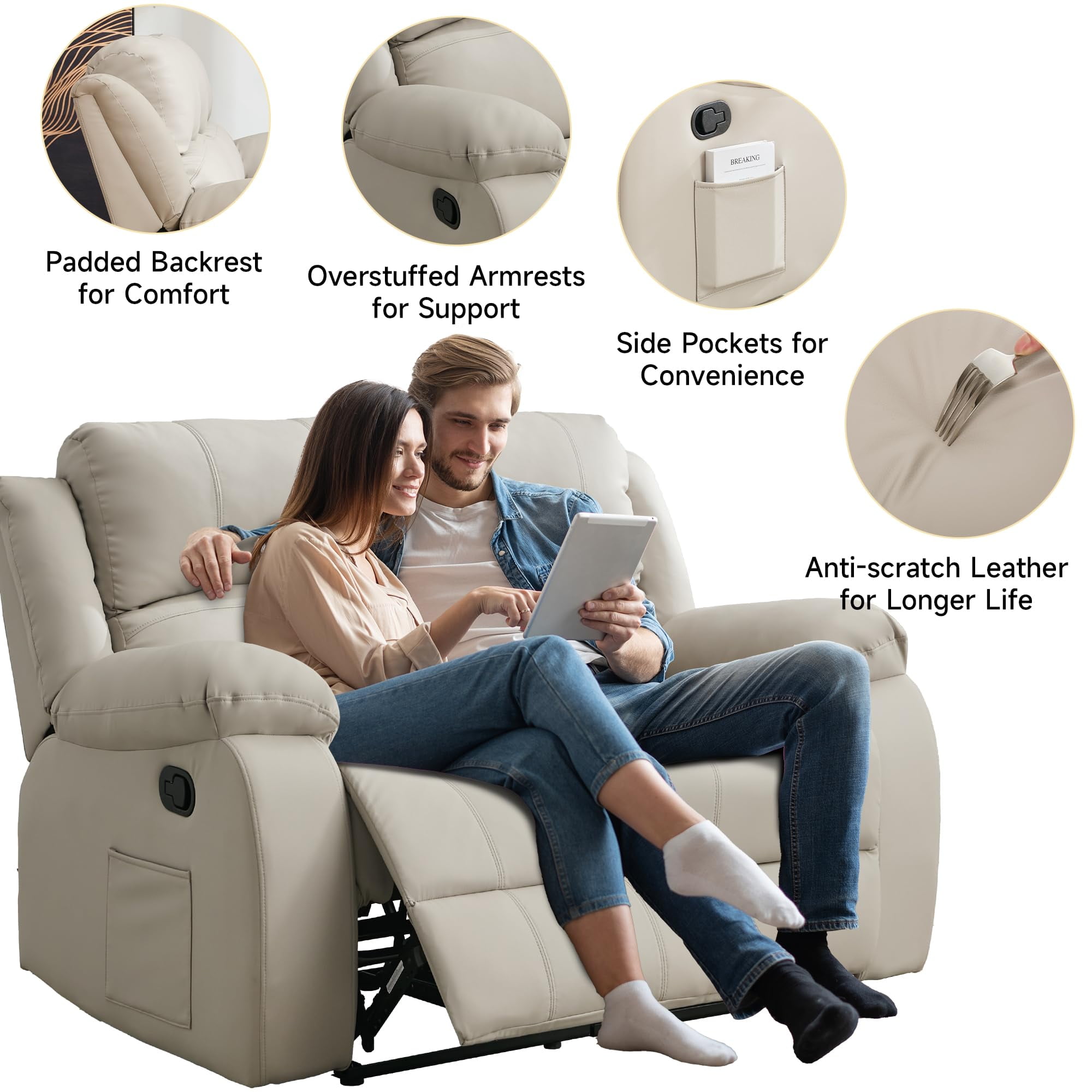 Comfortable Dual Reclining Leather Loveseat – Perfect for Couples, Ideal for Living Room & Home Theater (Beige)