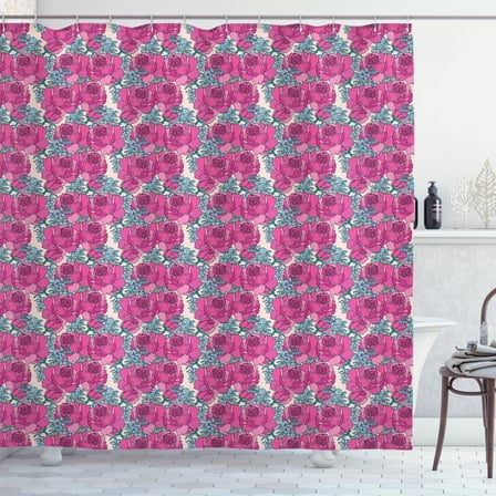 Floral Shower Curtain, Close up Scene of Romantic Roses and Flowers, Fabric Bathroom Set with Hooks, 69W X 84L Inches Extra Long, Champagne Pink, by Ambesonne
