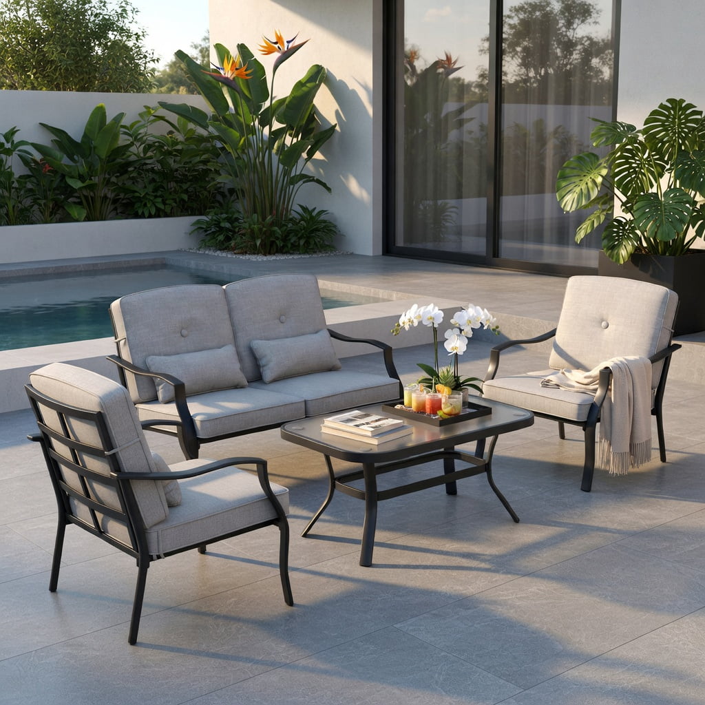 Hommoo Outdoor Loveseat Set with Tempered Glass Coffee Table, Metal Frame, Cushions, Heavy-Duty Patio Seating for Backyard, Poolside & Balcony, Gray