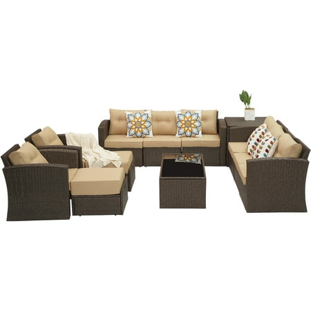 Superjoe 12 Pcs Patio Rattan Sectional Sofa Set with Storage Box and Table Outdoor Aluminum Frame Conversation Sofa Set Brown and Beige