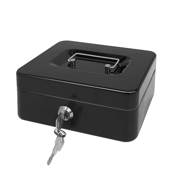 Steel Cash Box with Key Lock, Metal Small Money Organizer with Money Tray,Cash Storage Box with Lockable Cover (Black - 8 inch)