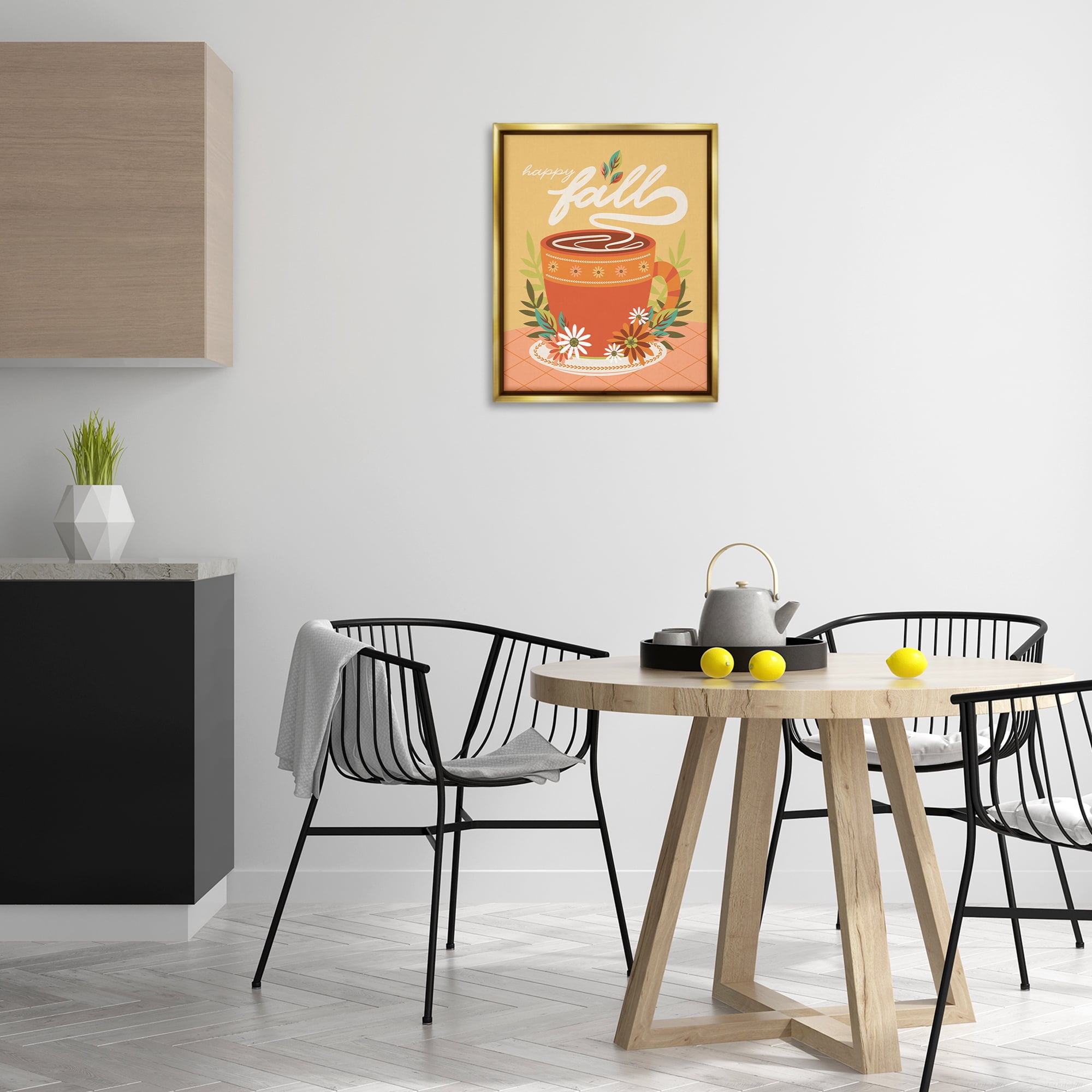 Stupell Industries Autumnal Mug & Flowers Food & Beverage Painting Gold Floater Framed Canvas Art Print Wall Art, 17 x 21