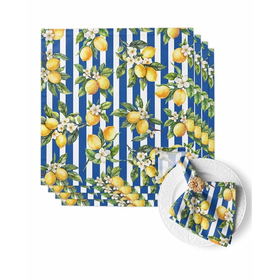 Cloth Napkins Watercolor Lemon Blue Stripe Washable Soft Kitchen Dinner Napkin Set of 4,Summer Farm Flower Plant Reusable Cocktail Napkins for Wedding Holiday Party Event,20x20In